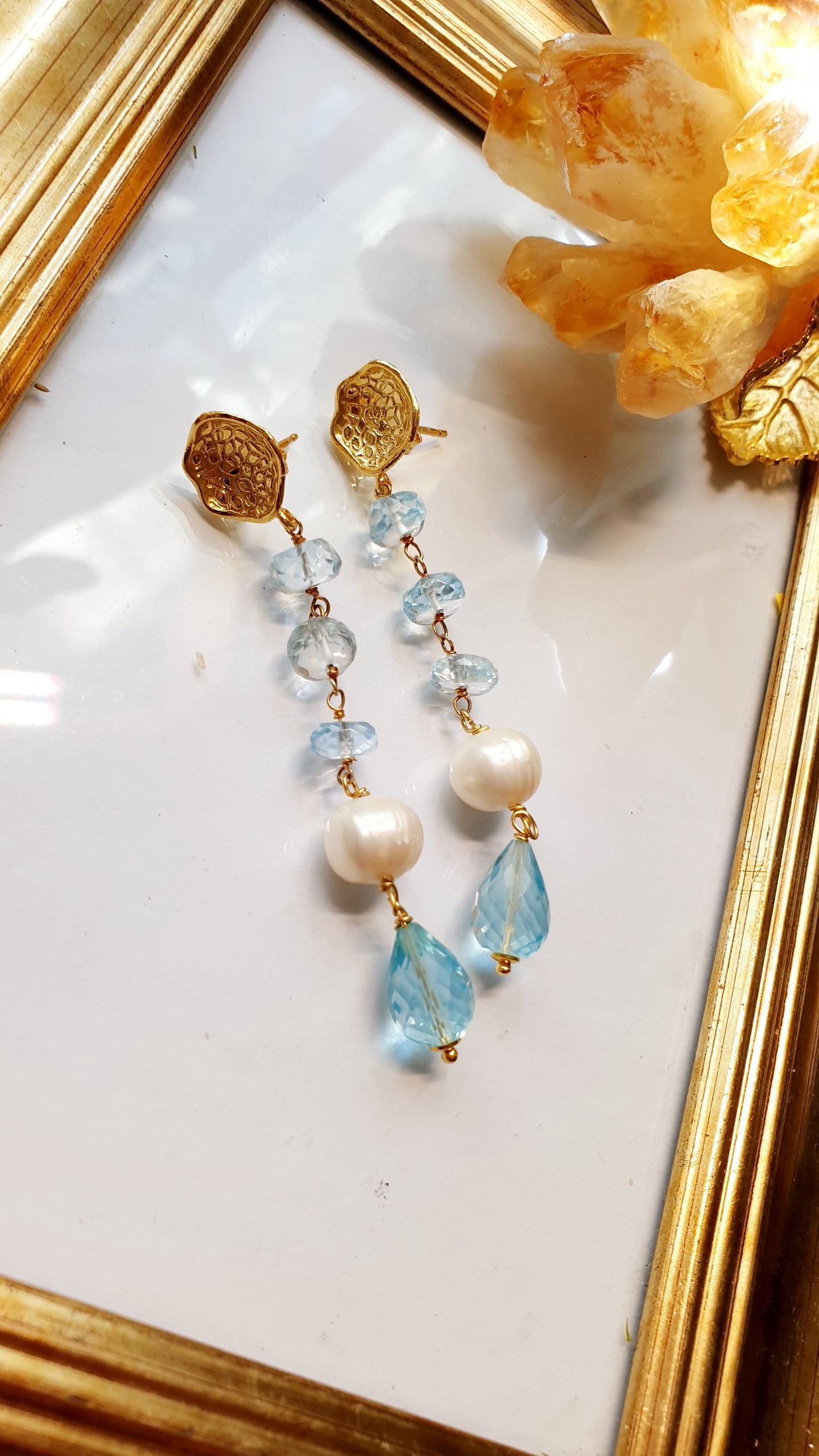 Orecchini in argento con acquanarina e perle