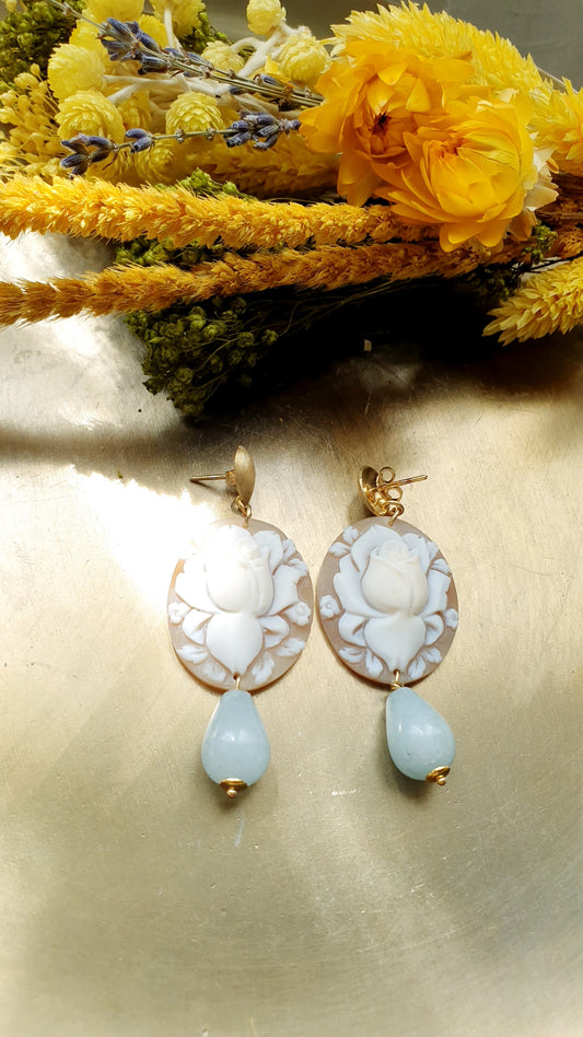 Orecchini  in argento  con cammeo e acquamarina