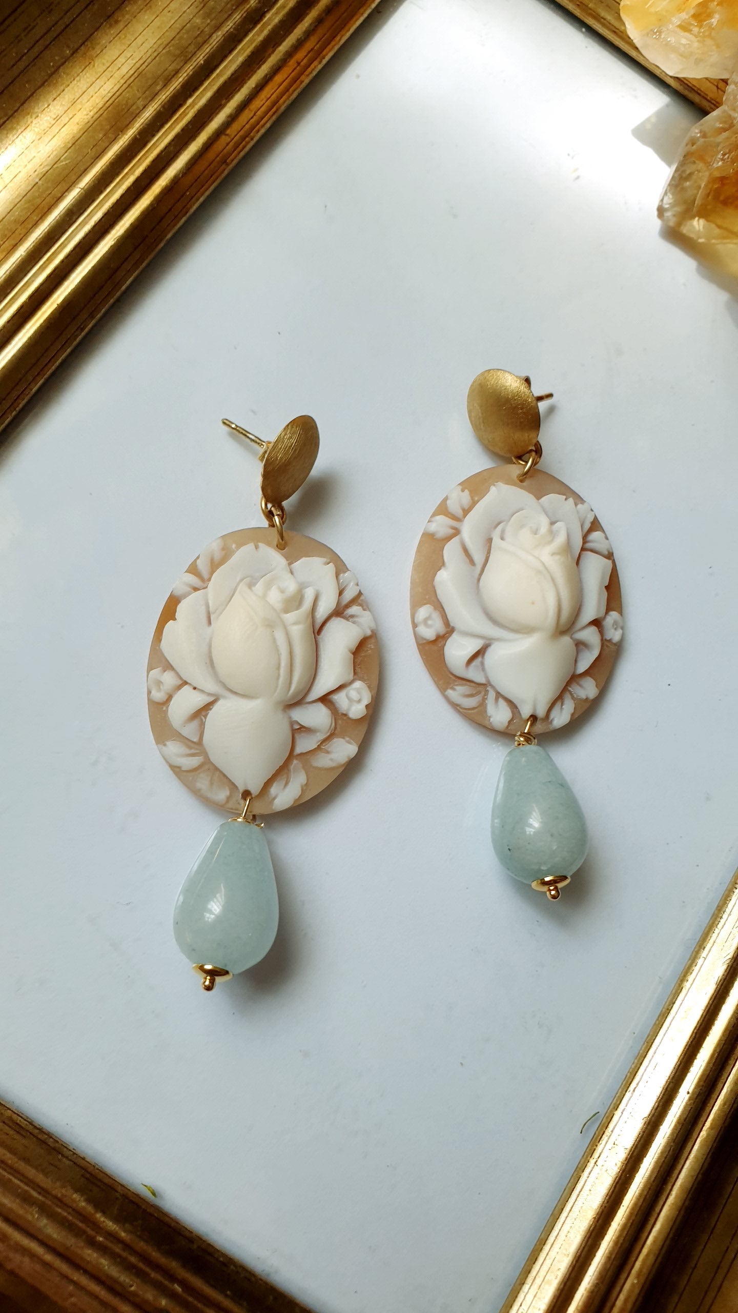 Orecchini  in argento  con cammeo e acquamarina