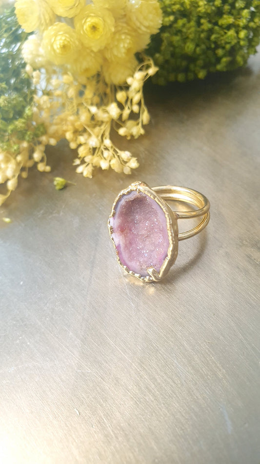 Anello regolabile in  ottone con drusa di agata