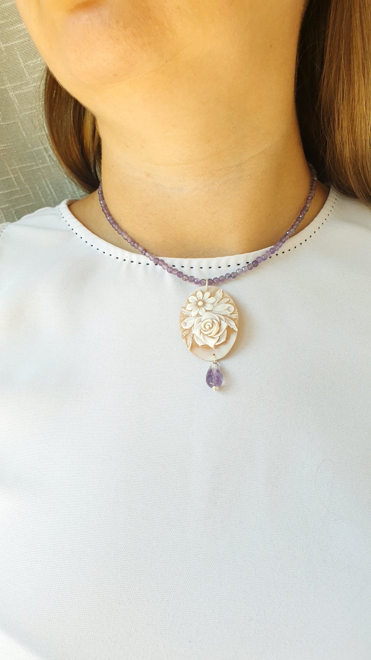 Girocollo in argento con ametista, cammeo originale.