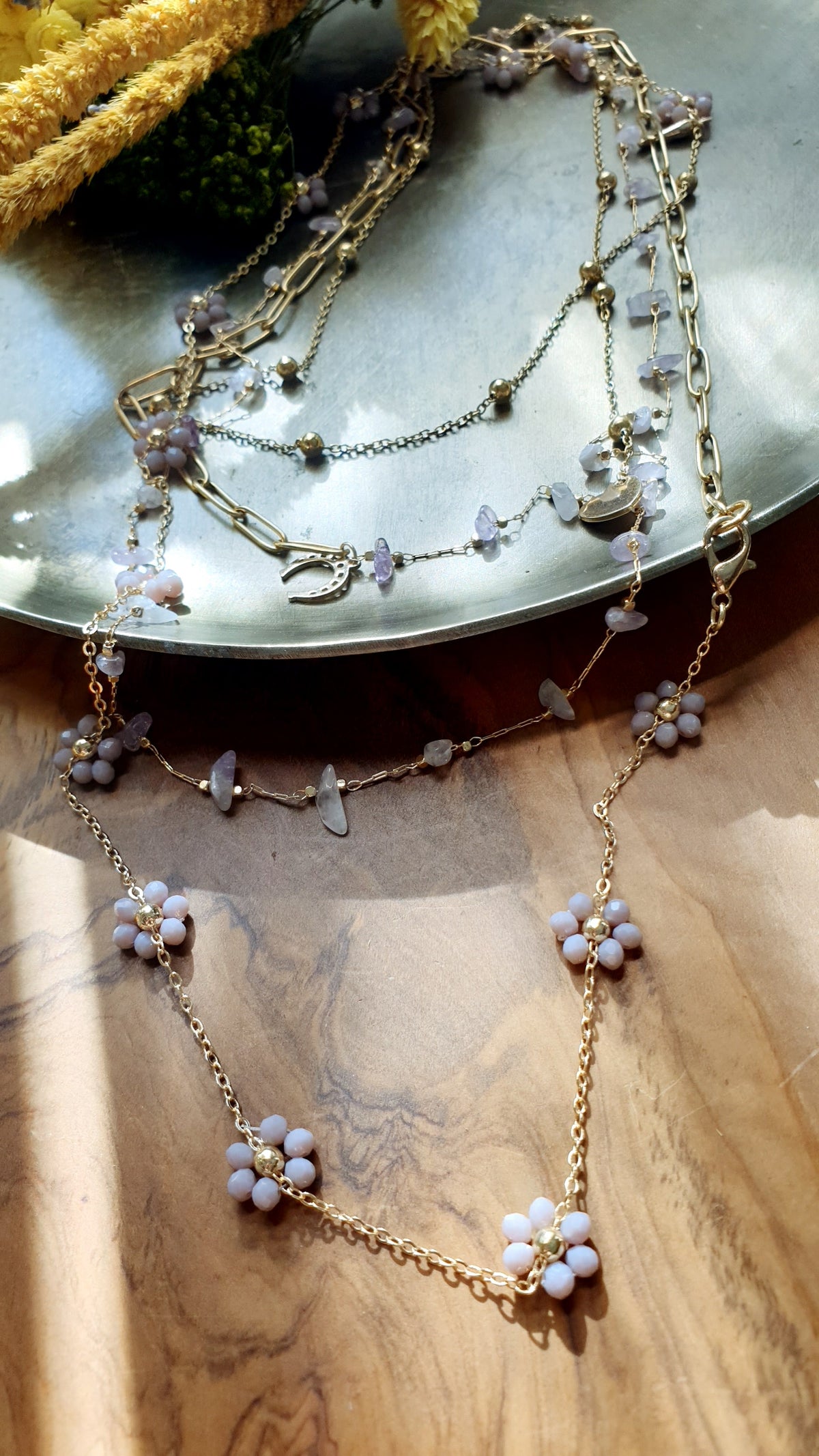 Collana lunghissima cm. 200 con catene, cristallini e charms