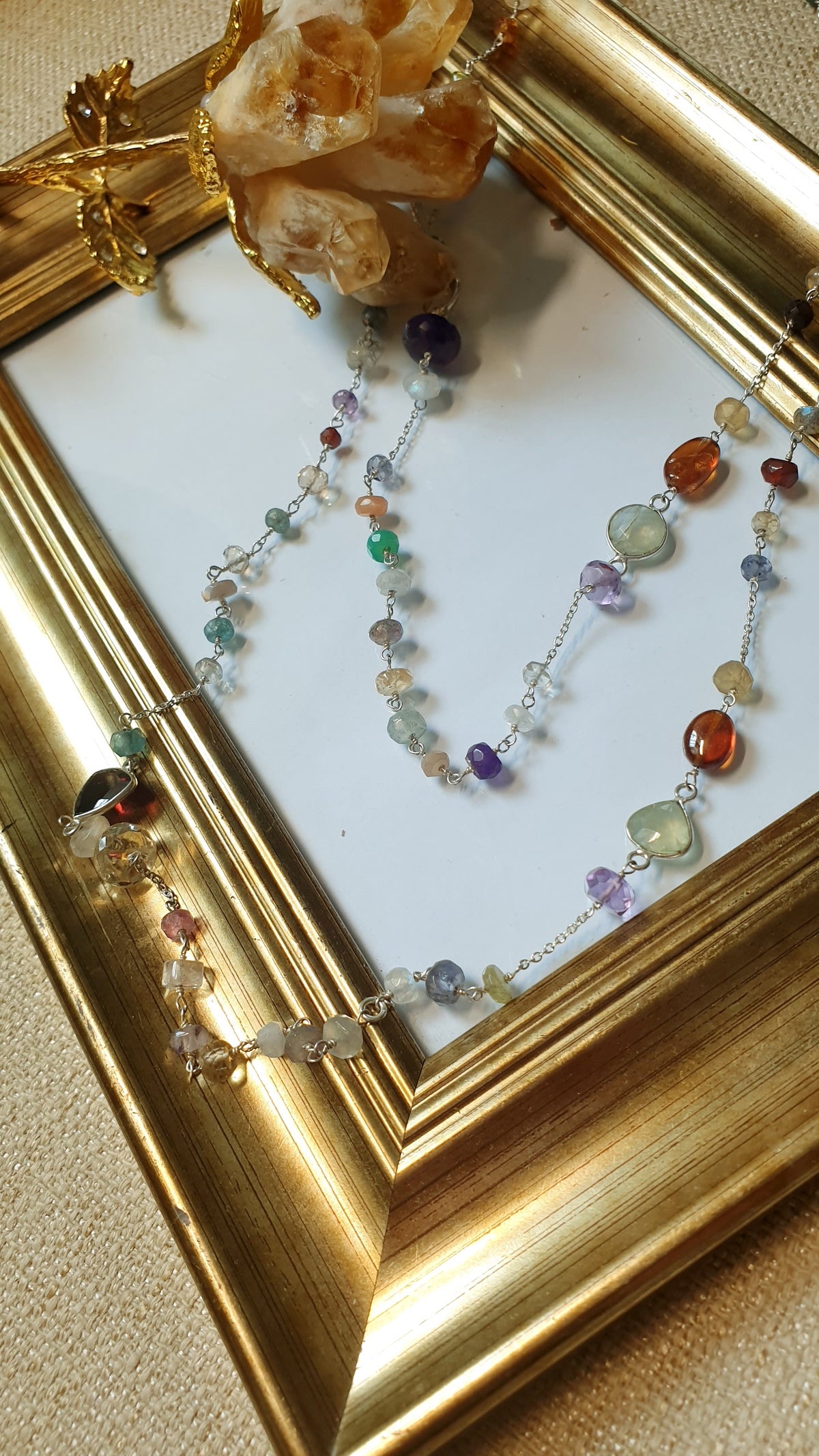 Lunga collana in argento con ametista,morganite, ambra, acquamarina e pietra di Luna