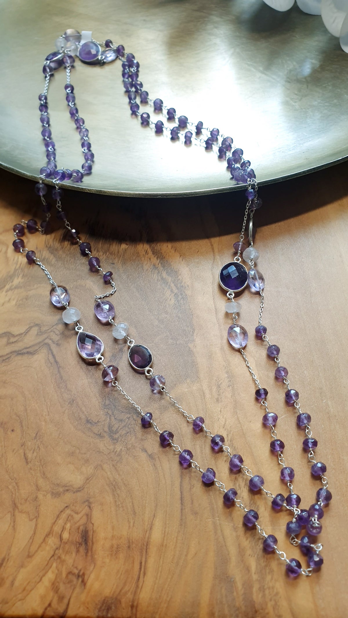 Lunga collana in argento con ametiste e quarzo rosa