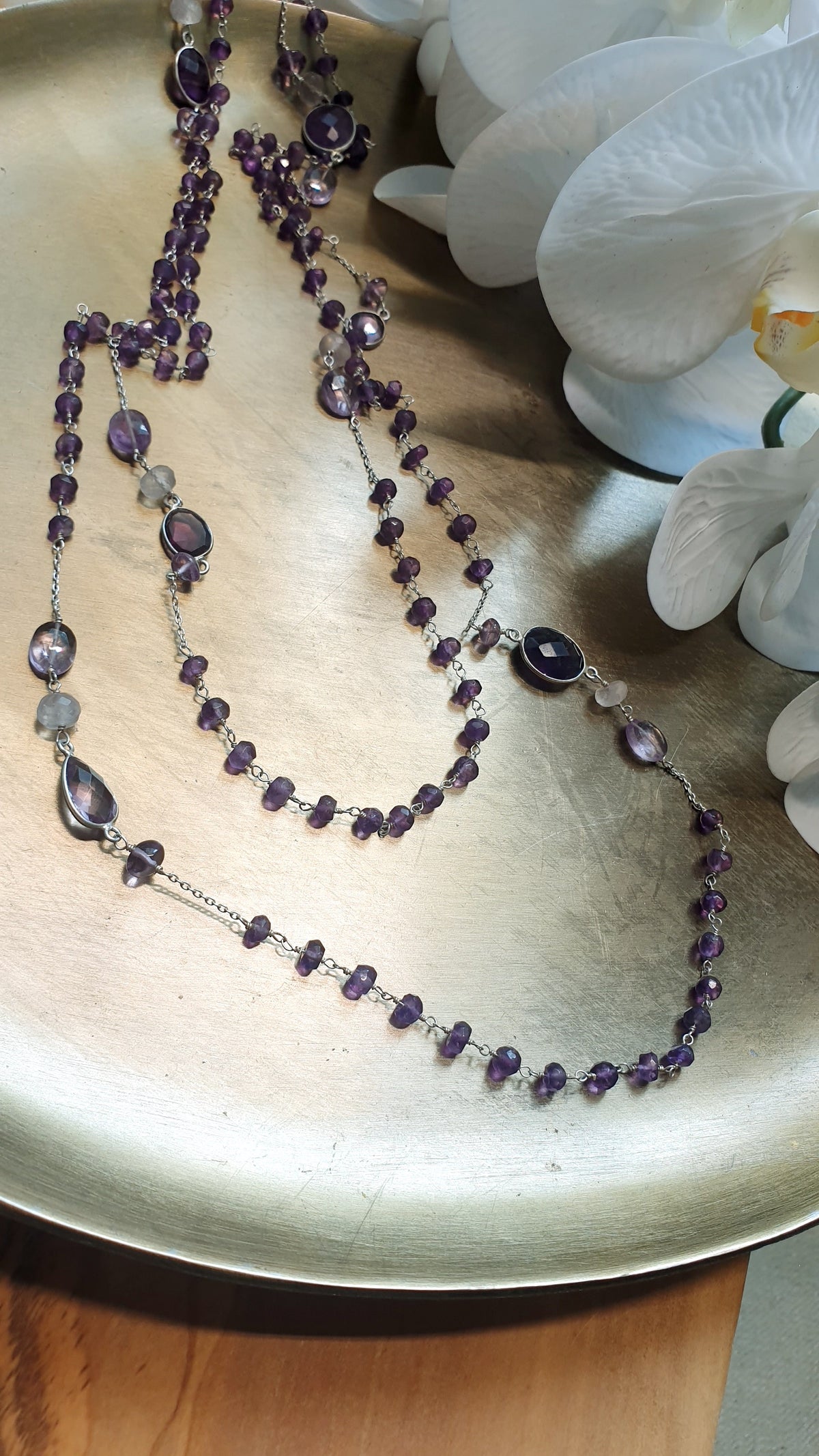 Lunga collana in argento con ametiste e quarzo rosa