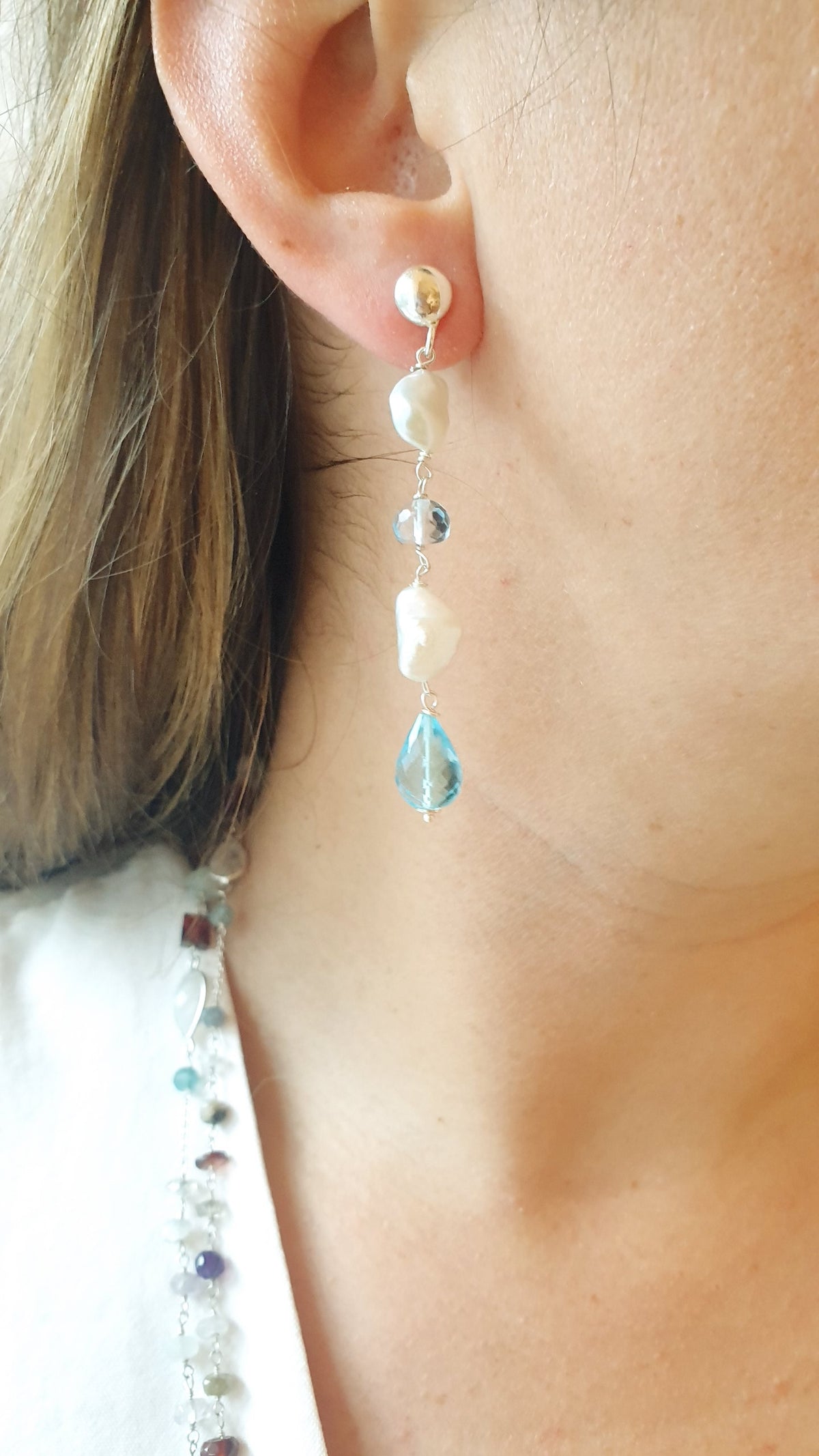 Orecchini argento con ossidiana azzura e perle difiume