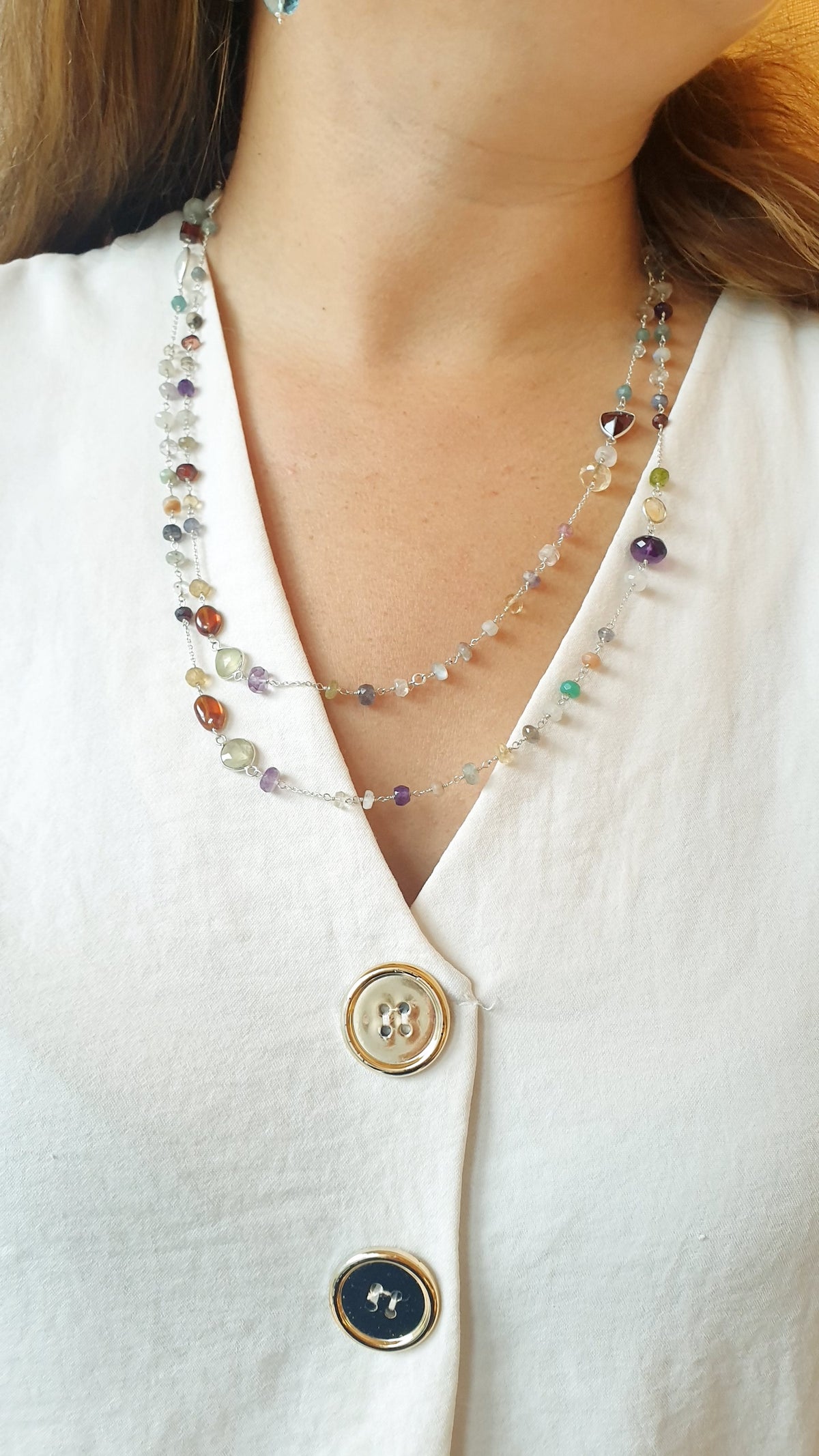 Lunga collana in argento con ametiste e quarzo rosa