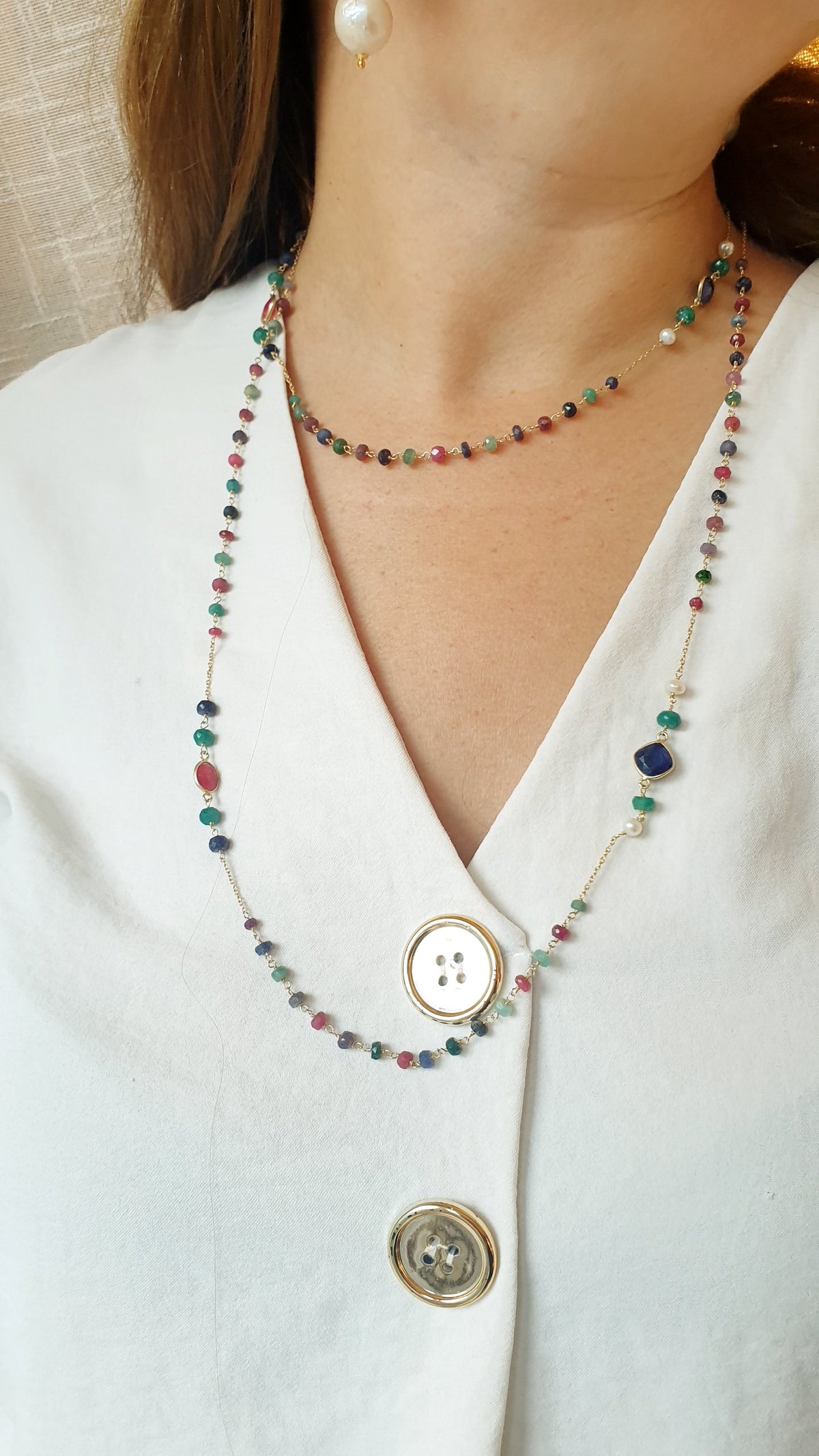 Lunga collana in argento con tormaline, radice di rubino