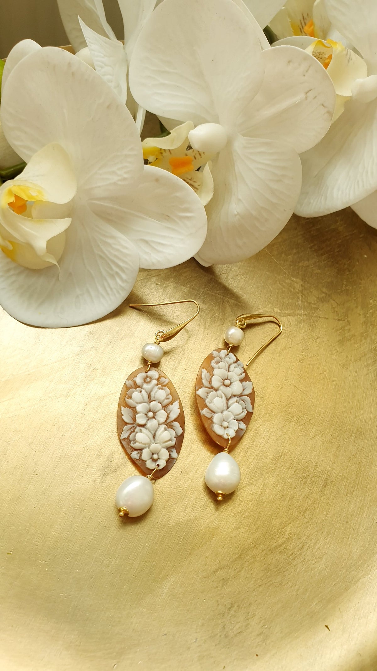Orecchini in argento con cammei originali, perle di fiume
