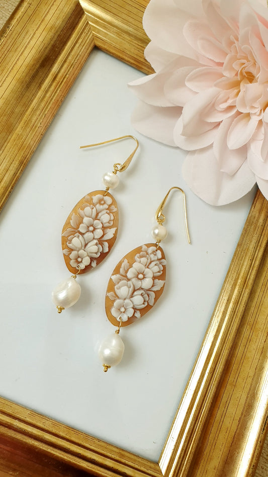 Orecchini in argento con cammei originali, perle di fiume